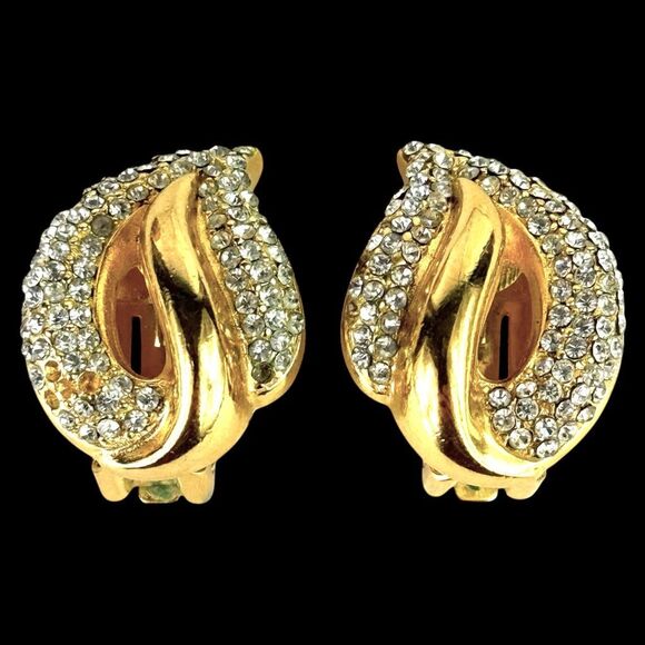 Christian Dior Vintage Earrings Rhinestone Teardrop Pave Gold Tone Clip Signed - Picture 11 of 11